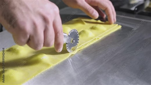 Professional chef in a restaurant kitchen meticulously cutting a long strip of fresh ravioli dough with a fluted pastry wheel, showcasing the traditional italian food-making process