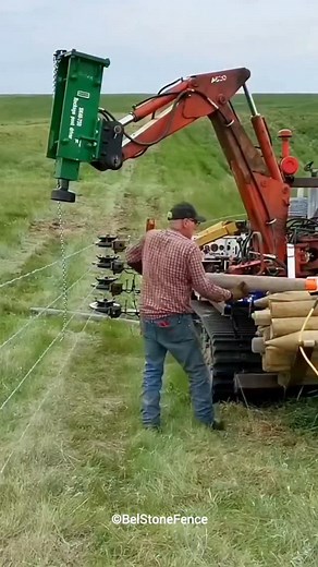 Fact Cus on Instagram: "The Ultimate Farm Protector This special fencing machine used in America is made to protect farms and land from animals. The hydraulic hammer fitted in it buries heavy pillars deep into the ground. Then, with the help of rollers fitted in it, barbed wires are pulled and fixed around each pillar. The machine also has a guide chain, which shows the depth of the pillar. Also, the wires are attached to the pillars with a staple gun and this entire work can be done by a single
