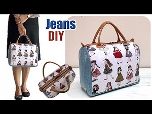 How to sew beautiful denim hand bag from jeans and fabric cotton scraps tutorial , Denim hand bag.