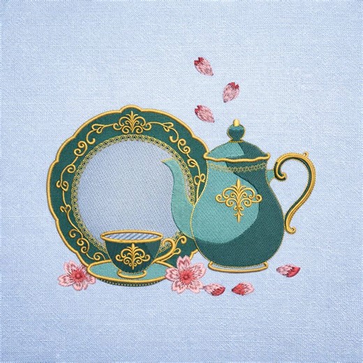 Teapot embroidery design floral china tea cup vintage elegant digital download machine pattern