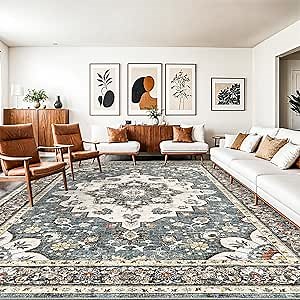 Washable Oriental Area Rug - 10x14 Rugs for Living Room Soft Carpet for Bedroom Waterproof Floral Distressed Indoor Stain Resistant Non-Shedding Floor Carpets (Blue, 10X14)