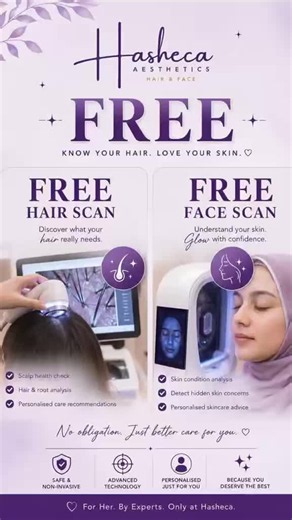 ✨ FREE FACE SCAN FREE HAIR SCAN! ✨ Curious about your skin & hair condition? 💆‍♀️💇‍♀️ Come to Hasheca Aesthetics and get your FREE Face Scan & Hair Scan! 🔍✨ 📋 Know your skin & hair condition 💡 Get personalised recommendations 🌸 Start your beauty journey with better understanding 📲 Book your appointment today! Limited slots available — don’t miss it! 💖