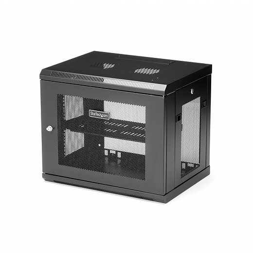 2-Post 9U Wall Mount Network Cabinet with 1U Shelf, 19" Wall-Mounted Server Rack for Data / Networking / AV / Electronics / Computer Equipment, Small Vented Rack Enclosure