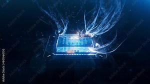 Forming of Futuristic High Performance GPU Chip for Artificial Intelligence Compute. Creation of Advanced Glass Microchip. Microchip Activation. Particles Floating Around