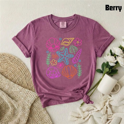 Pastel Seashells and Starfish T-shirt | Beach Shell Line Art , Comfort Color 1717 , Ocean Shirt , Surf Style , Beach Lover - Etsy