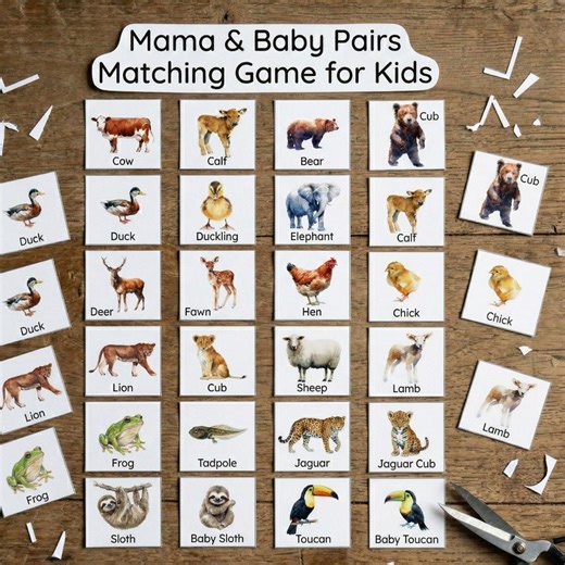 Mama and Baby Memory Game for Kids, Animal Matching Pairs, Printable Memory Cards, Preschool Learning PDF, Printable PDF, - Etsy