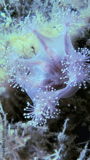 See Lucernaria quadricornis, the stalked jellyfish, gently swaying amidst cold Arctic ocean currents. The stunning creature showcases delicate beauty in a frigid habitat.