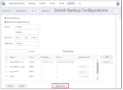 Connectrix Brocade B-Series SANnav: Switch configuration backup and restore