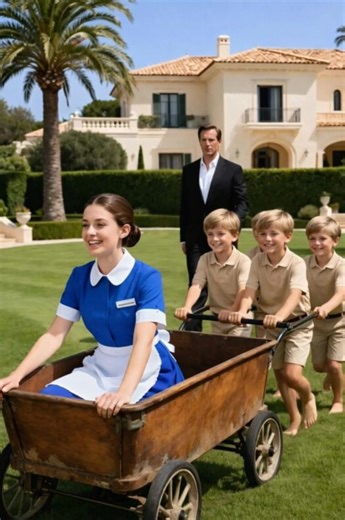 The owner did not understand what was happening until the children and the housekeeper reached the end of the garden, and the secret that was revealed shocked the man. In an old, worn-out basket sat the housekeeper, and only one thought ran through her mind — to reach the farthest corner of the garden as quickly as possible. Four little boys, dressed alike, were trying with all their might to move the basket. For them, this was not just a game. It was a mission. They believed that if they brough