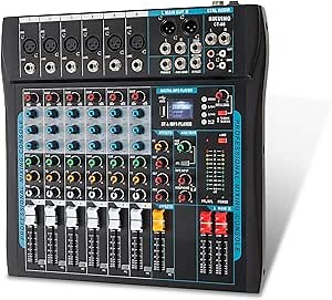 Audio Mixer,6 Channel Board Mixer for Streaming, Professional Sounds Board Mixer with 16 DSP Effect, USB Audio Interface and 48V Phantom Power, Stereo DJ Mixers for PC Recording/DJ stage