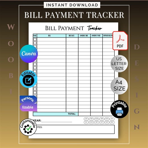 Customizable Bill Payment Tracker: Printable Personal Payment Checklist (canva Digital Download) - Etsy