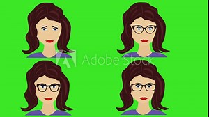 Cartoon women face avatar animation, moving and blinking eyes, on green screen chroma key