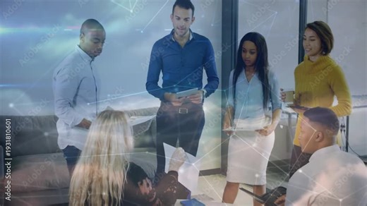 Team in business standup, left placing pages sparking chart exchange, cloud overlay showing data