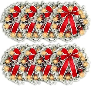 Meooeck 8 Pcs Christmas Wreath 15 Inch Pre Lit Mini Lighted Christmas Wreath for Front Door Window Wall Artificial Xmas Wreath with Red Bow LED Lights for Holiday Christmas Party Decor Indoor Outdoor