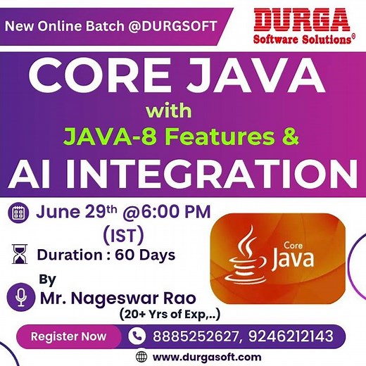 CORE JAVA with JAVA-8 Features & AI Integration Online Training @ DURGASOFT #durgasoftware #shorts