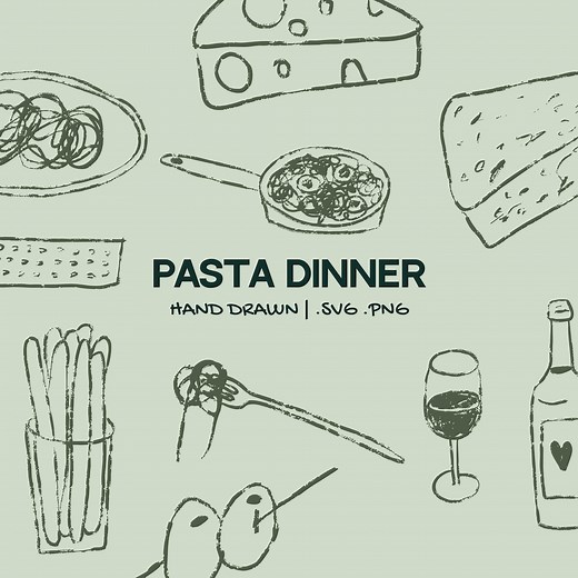 Hand-drawn Pasta Dinner Party Illustration Set | Whimsical Italian Food Clipart | Wedding and Event Graphics for Invitations Menus Doodles - Etsy