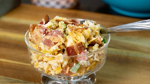 Recipe: https://thebutteredhome.com/bacon-cornbread-salad/ Bacon Cornbread Salad is a great southern classic. Combining fresh salad components with sweet southern cornbread is a win all the way around. Dressed with a mayo dressing and the king of protein, Bacon! | The Buttered Home