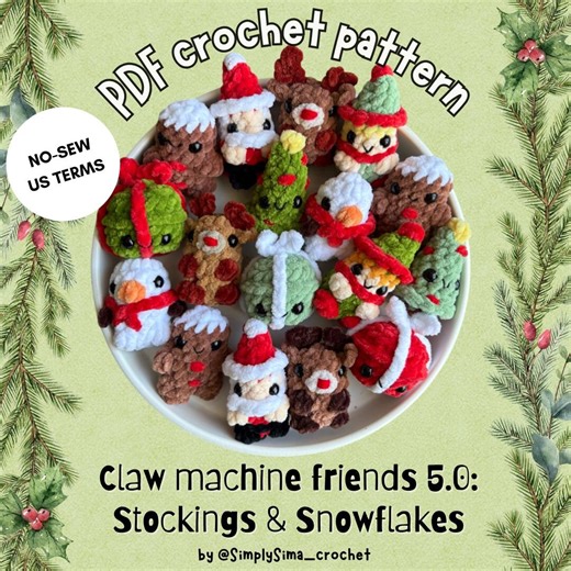Stockings&snowflakes No-sew Crochet PDF Pattern, Claw Machine Friends 5.0, Tiny Size Plushies, Christmas Santa Gingerbread Snowman Amigurumi - Etsy