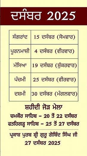December 2025 Calendar | Punjabi Jantri | Nanakshahi Calendar 2025 | Desi Calendar Dates