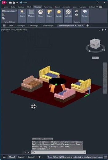 3D Furniture Design in AutoCAD | Sofa Set Preview #shorts #shortsfeed #viral #viralvideo