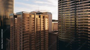 3d animation between high rise skyscrapers and glassy office building Forward camera movement.top of the abstract 3D city .