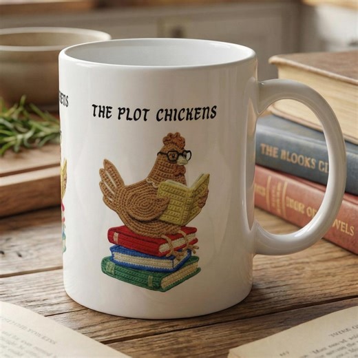 The Plot Chickens | Chicken Reading on Stack of Books Mug | Ceramic Coffee Cup | Book Lover - Etsy