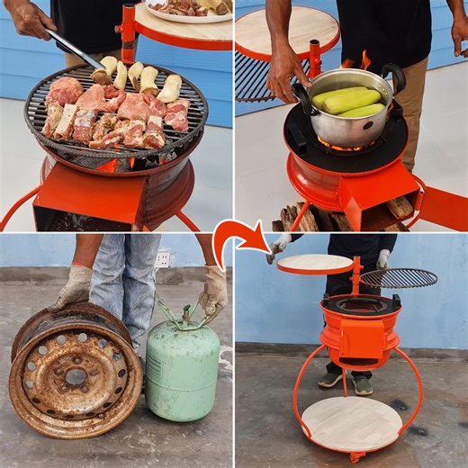 1.3M views · 15K reactions | Amazing Handmade Creativity in Recycle Truck Rim + Propane Tank Making Awesome Portable Wood Stove, BBQ Grill, Multi-functions ♻✅ | Random Crafts | Facebook