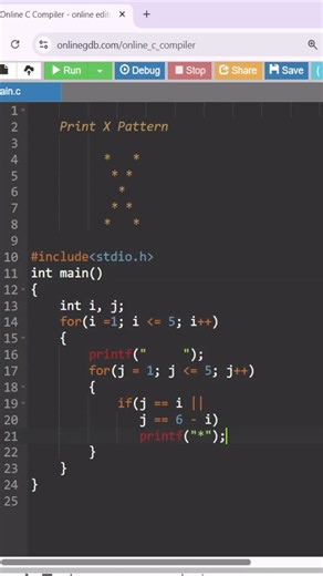 Print X Pattern in C | C Programming | #clanguage #cprogramming #coding #logic #programmingshorts