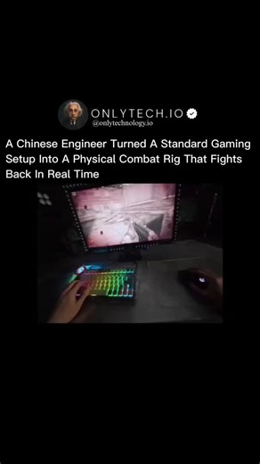 Technology | Science | History on Instagram: "A Chinese engineer turned a normal gaming setup into a wild physical combat rig that actually fights back in real time. Whatever hits you on the screen, the machine tries to hit you instantly using sensors, motors, and motion-tracking. It almost feels like the line between the game and real world just disappears. A little scary… but also seriously next-level. This might be the future of gaming — where you don’t just play, you actually fight inside it