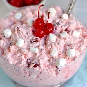 🍒 https://www.momontimeout.com/cherry-fluff/ This easy Cherry Fluff dessert salad is one of my favorite summer recipes! | Mom On Timeout