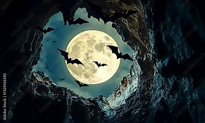 Bats flying out of cave entrance under full moon