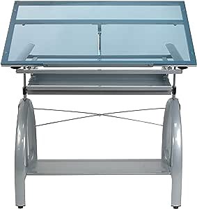 SD STUDIO DESIGNS 10060 Avanta Top Adjustable Drafting Craft Drawing Hobby Table Writing Studio Desk with Drawers, 42'' W x 24'' D, Silver/Blue Glass