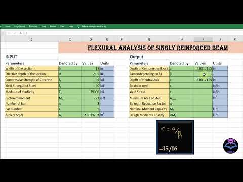 Excel Sheet| Flexural Analysis of Singly Reinforced Concrete Beam(flexure)|ACI code