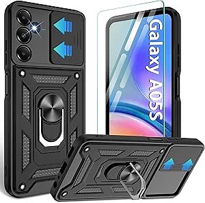 Gritup for Samsung Galaxy A05s-4G Case with Screen Protector[2 Pcs] with Slide Camera Cover, 360°Rotation Ring Kickstand丨 [Military Grade] Heavy Duty Shockproof Protection,Black