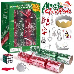 Fun Little Toys 12PCS Christmas Crackers, No Snap Icicle Christmas Crackers with Prizes Include Toy Cars Joke Cards Cube Keychains Puzzle, Bulk Christmas No Snap Party Table Christmas Favors