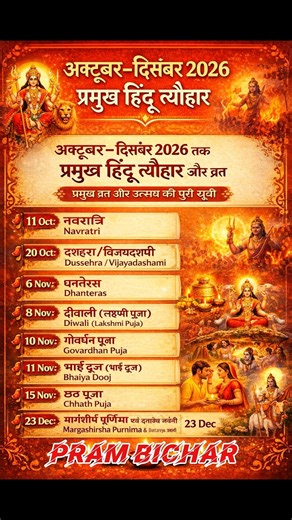 Major Hindu festivals and fasts for October-December 2026, complete list in Hindi. Complete details