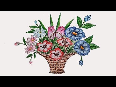 How to draw flower basket step by step