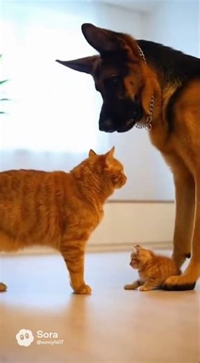 Big Cat Protects Kitten From German Shepherd
