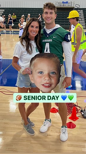 Amy White | Sports Mom | Family | CEO on the go 👟 on Instagram: "Senior Moms with their senior son/daughter performing at the first pep rally for Senior Day last week! 🏈💚💙 My 4th time to have a Senior and nope, it doesn’t get any easier 🤪 Loved performing with my #4 🏈 @walker_white14 Such fun memories. So glad our school does FUN things like this with the Seniors. 💚💙 #lrca #gowarriors"