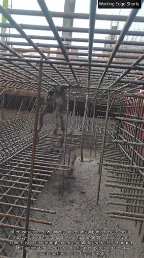 👷🏢 Foundation Slab Casting: Pump Hose Fills Dense Metal Reinforcement Grid