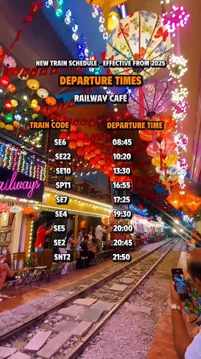 ❄️ Winter Train Schedule – Vietnam Railway ❄️🌨️ Planning your winter journey by train? Check out our updated departure times for the season: •SE2 – 08:45 •SE6 – 10:20 •SE10 – 13:30 •SPT1 – 16:55 •SE4 – 17:25 •SE5 – 19:30 •SE7 – 20:00 •SNT2 – 20:45 •SE22 – 21:50 🚂 Tip: Arrive 30 minutes early to enjoy the Railway Café ☕ 📍Ha Noi Train street, Ha Noi - Vietnam 🇻🇳 🔖 Tag your friends who you would like to bring here with 👫 Follow IG @Vietnamupdates to help us grow Page Update travel !🤩Vietnam
