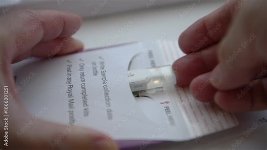 Inserting the test sample in the sample container into the pre paid envelope ready for sending to the Bowel Cancer Screening Programme for testing.