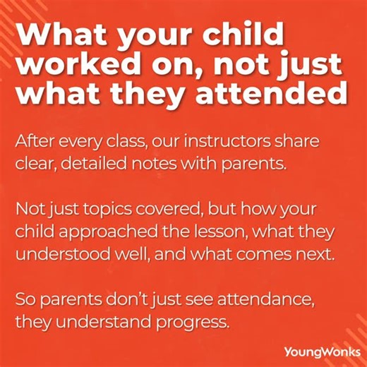 YoungWonks Coding School on Instagram: "Not just attendance or topics covered, but what their child actually worked on, how they approached it, and the progress they’re making.⁠ ⁠ At YoungWonks, instructors share clear, detailed updates after every session, so parents stay informed without having to sit in.⁠ ⁠ This is how learning stays transparent, consistent, and meaningful."