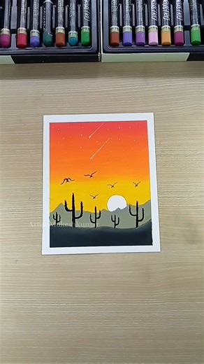 ✨ Easy sunset cactus painting l sunset landscape with oil pastel art #shorts #art #ytshorts #cactus