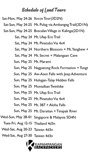 📢📢📢 As of Apr 23, 2025 📅 🚶Join us on our 🎒 backpacking trips locally this 2025 be part of the growing outdoor community. ⛰️🌊🎒🚶 Message: m.me/1476689992349503 #KapampanganBackpackers #JustGo #KBexperience #SeeTheWorld Broadcast channels: m.me/j/AbY_9Y9Z2lsqR1e6/ Telegram: 639495206115 | Kapampangan Backpackers