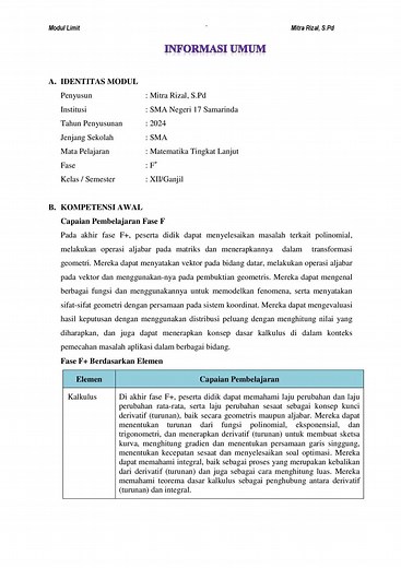 Modul Ajar Matematika Kelas XII: Limit dan LKPD