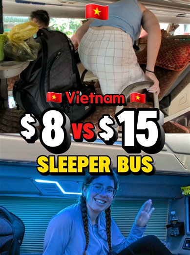 Which one you picking? 🤔 🚌 🇻🇳 First bus cost: 🇻🇳\t220k ₫ 🇺🇸\t$8 🇬🇧\t£6 🇨🇦/🇦🇺\t$11 🇪🇺\t€7 per person The second bus: 🇻🇳\t400k ₫ 🇺🇸\t$15 🇬🇧\t£11 🇨🇦/🇦🇺\t$21 🇪🇺\t€13 Was it worth the upgrade? We sure think so. 😅 We'd choose a comfier bed any day for only a $7 price increase! We added all our favorite bus companies for different routes in Vietnam to a guide, tap the 🔍 Find Video Info button on our link in bio 🔗 💬 Or comment