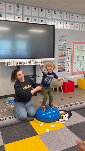 In action at Loftus Early Childhood Center! Jacqueline Miller, Occupational Therapist, works one-on-one with students to build strength, coordination, and fine motor skills through activities like balance ball exercises and magnet fishing. Therapists also visit classrooms each month to support whole-group learning. | Sedalia School District 200