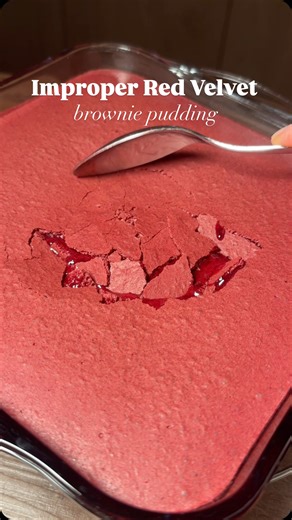 Fatima Chehab on Instagram: "This is what happens when you stop baking red velvet “properly.” I thought I ruined this brownie pudding… then I tasted it. Full recipe of brownie pudding is in the reel! #viralvideos #brownies #tarif #redvelvet #asmrfood"