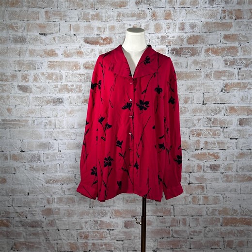True Vintage 1990s Alfred Dunner Women’s Plus Size Volup 22W Raspberry and Black Floral Print Long Sleeve Button Down Business Casual Blouse - Etsy
